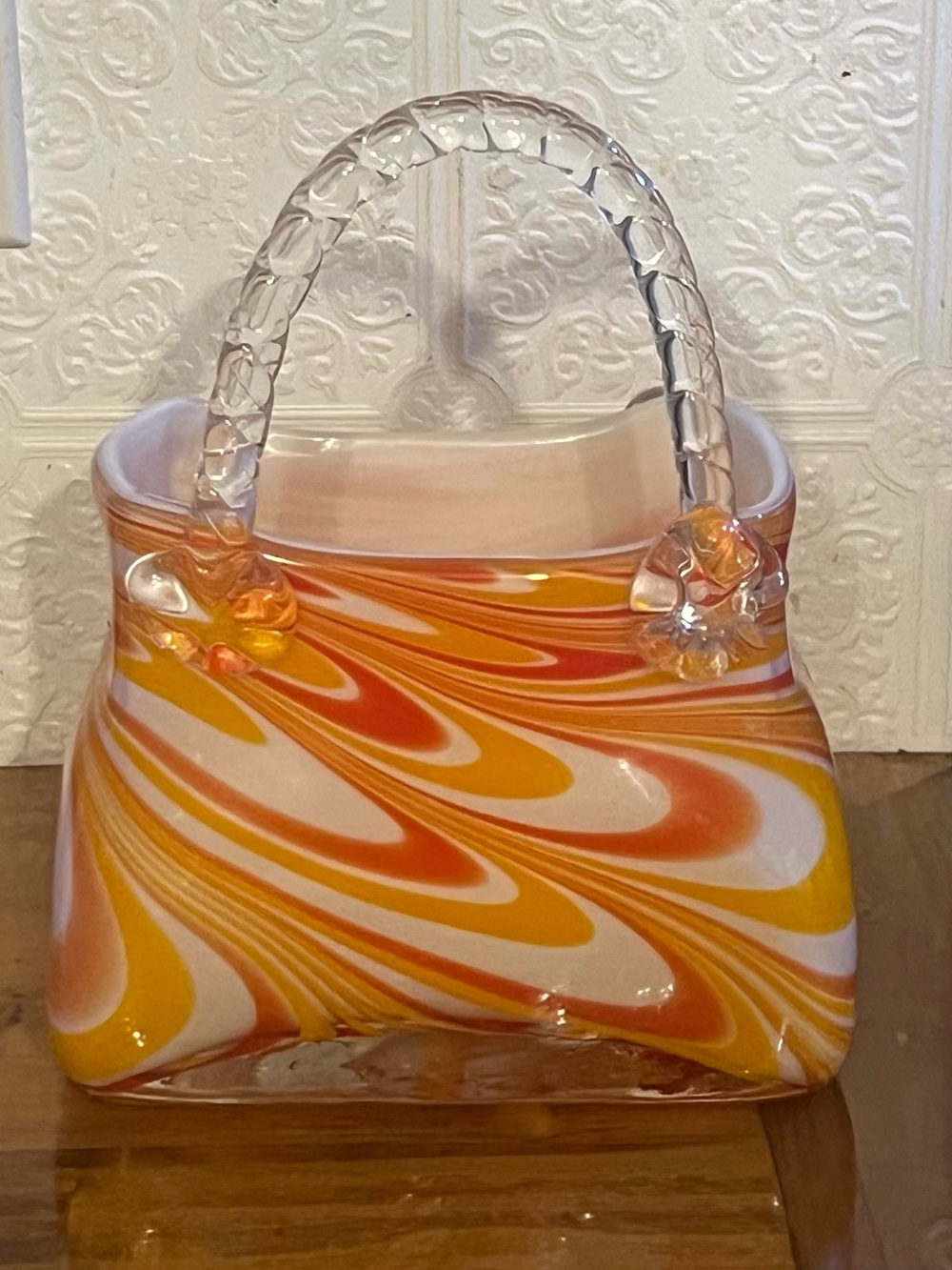 Vintage Murano Style Art Glass Retro Striped Purse Vase